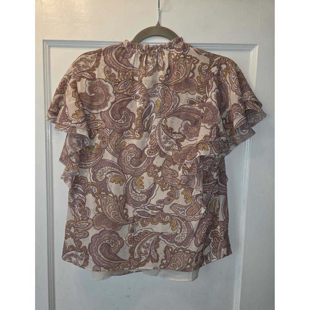 NWT Intermix Carolina Silk Chiffon Ruffle Blouse Paisley Gold Metallic Thread. S - Picture 8 of 8